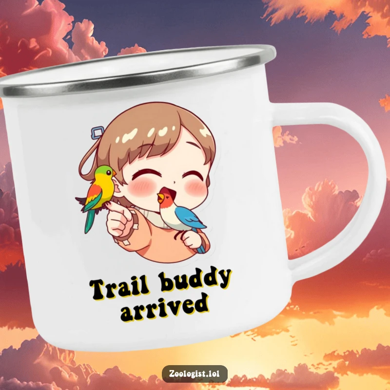 Funny camping mug showing a character enthusiastically pointing at a vividly colored bird perched on their finger, perfect for outdoor use.