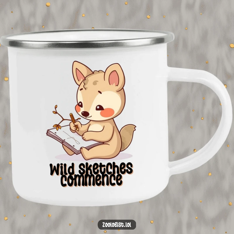 Funny camping mug featuring a curious animal character sketching in a notepad with a twig, perfect for creative moments in nature.