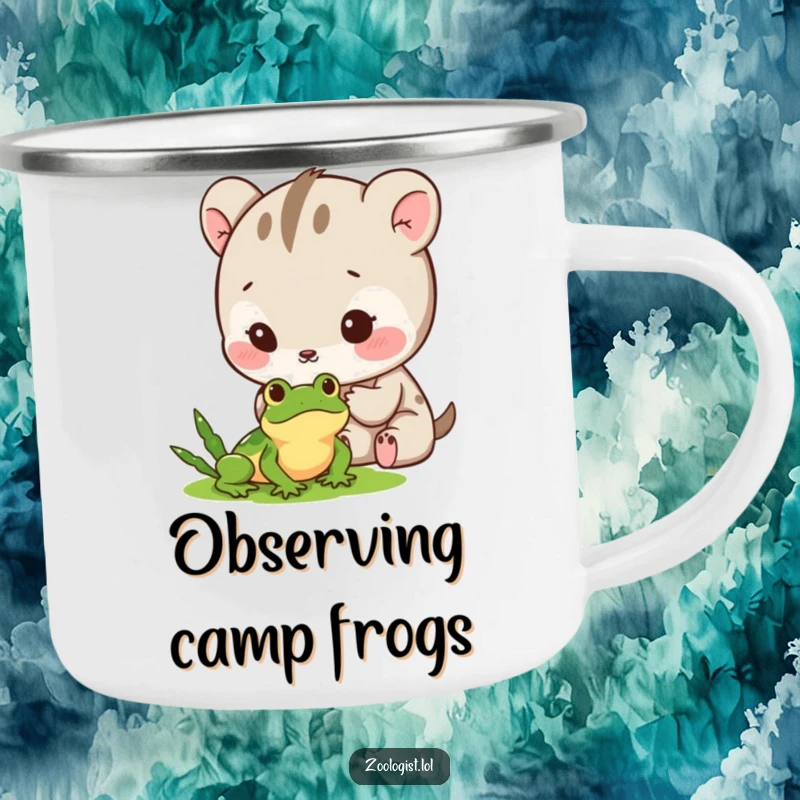 Funny Camping Mug: Cute animal character carefully observing a tiny frog with gentle excitement, ready for adventure.