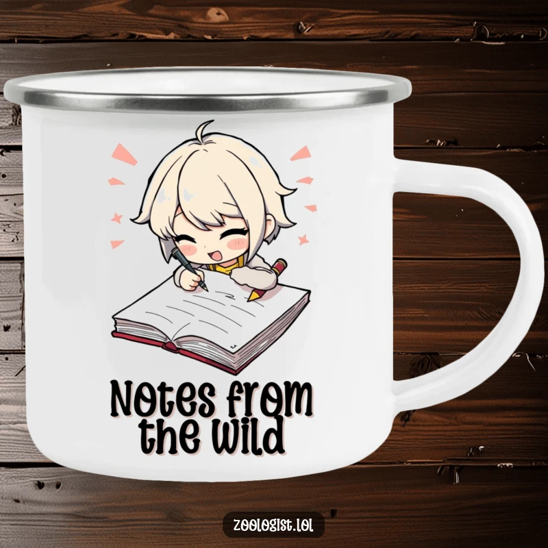 Funny camping mug showing a character scribbling furiously in a notebook, ideal for outdoor writers. A humorous gift for creatives.