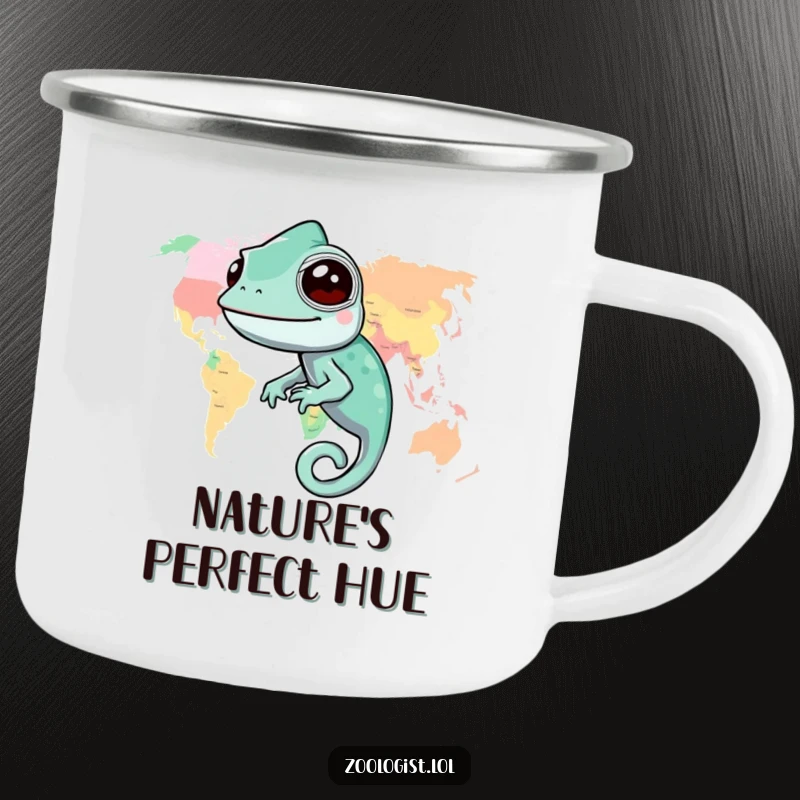 Funny chameleon camping mug showing a chameleon blending into a colorful world map, ready for outdoor trips.