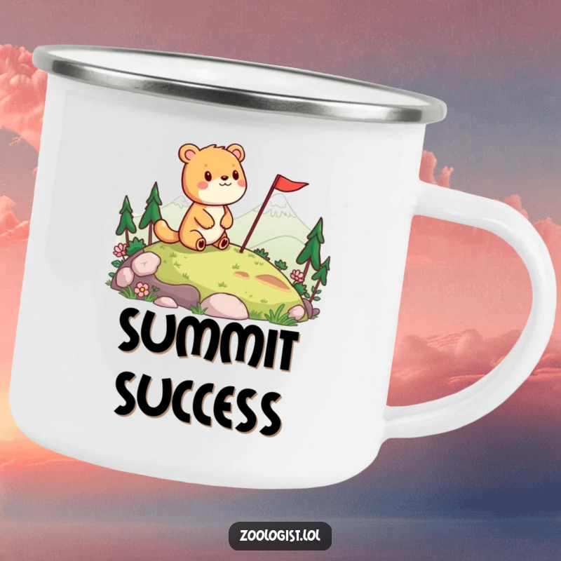 Funny camping mug with a cheerful animal surveying a landscape and planting a flag, ideal for outdoor celebrations and humor.