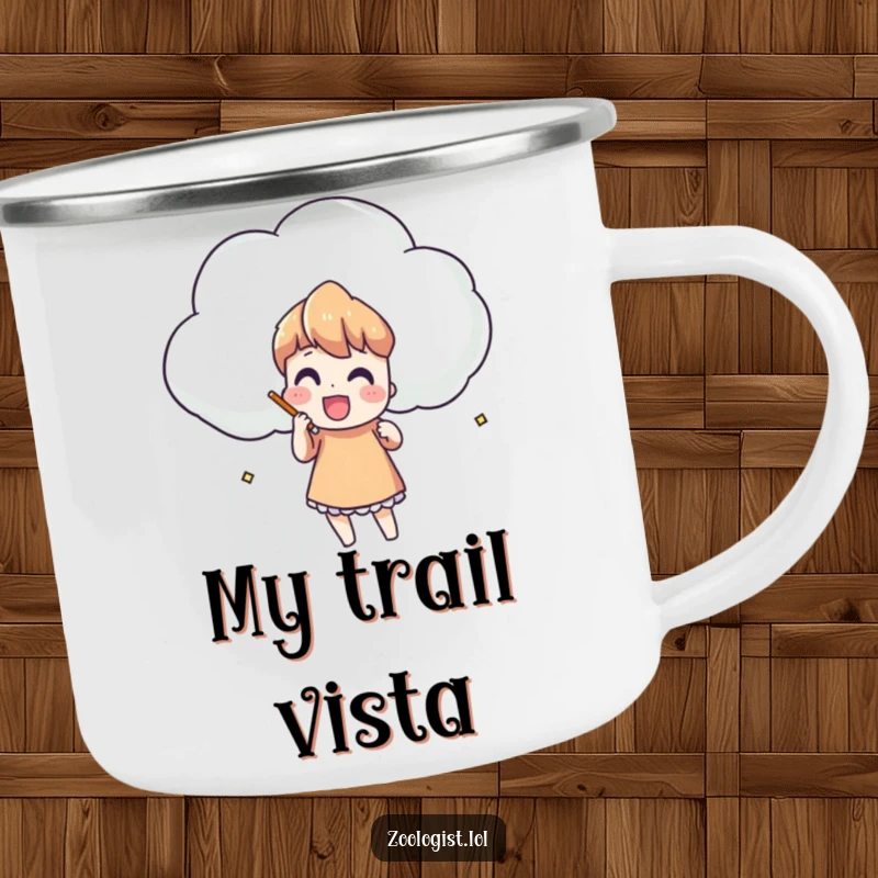 Funny camping mug showing a character enthusiastically sketching a large, uniquely shaped cloud, perfect for nature lovers.