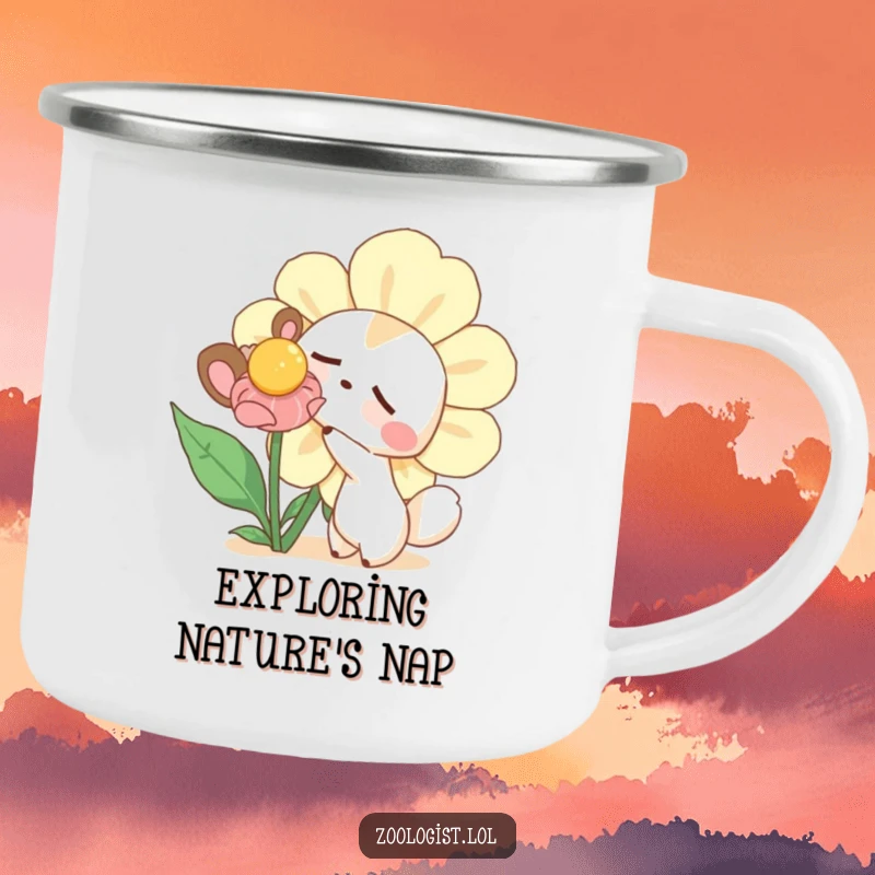 Funny camping mug showing a curious animal gently poking a massive sleepy flower, ideal for outdoor adventures with a humorous touch.