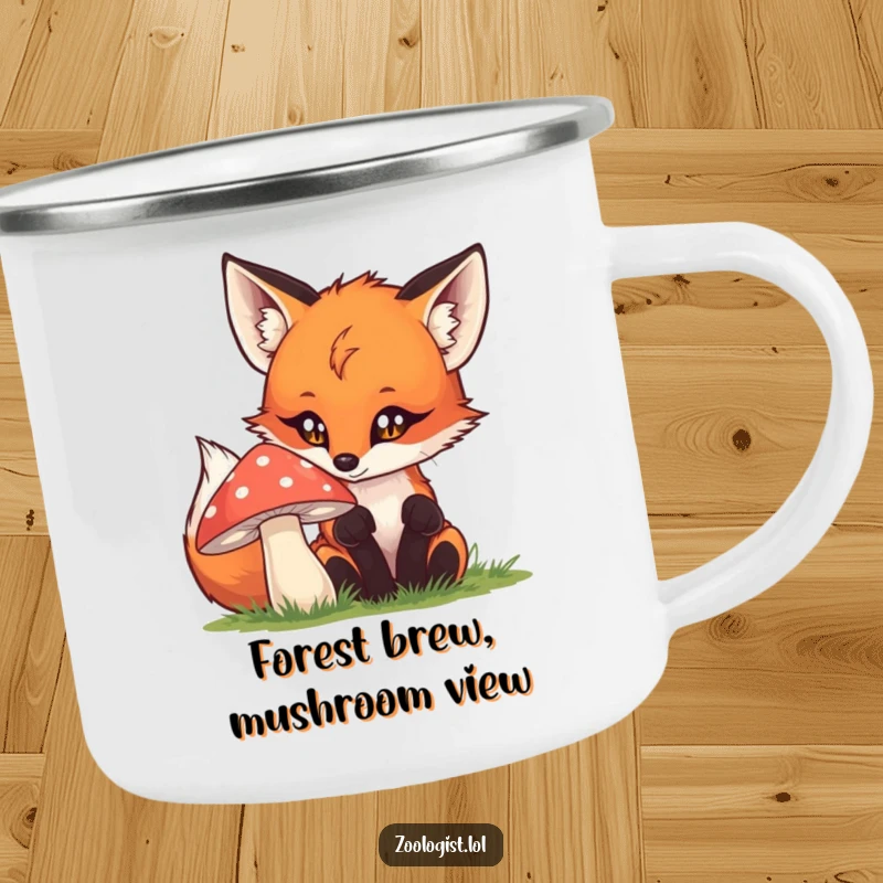 Funny fox camping mug with a curious fox examining a mushroom, perfect for outdoor adventures and morning coffee.