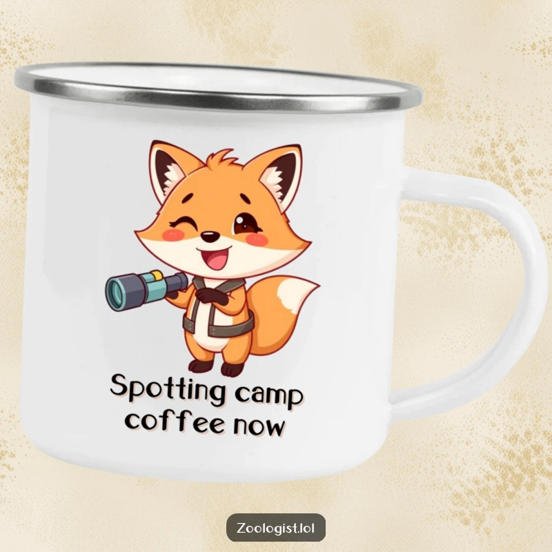 Funny fox camping mug, an excited fox with binoculars pointing, durable and portable, ideal for outdoor adventures and hot beverages.