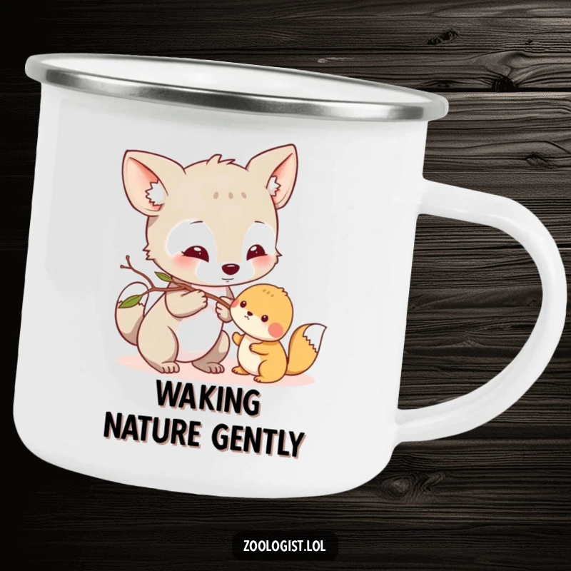 Funny Camping Mug: Curious animal character gently nudging a small creature with a twig, perfect for sharing warmth.