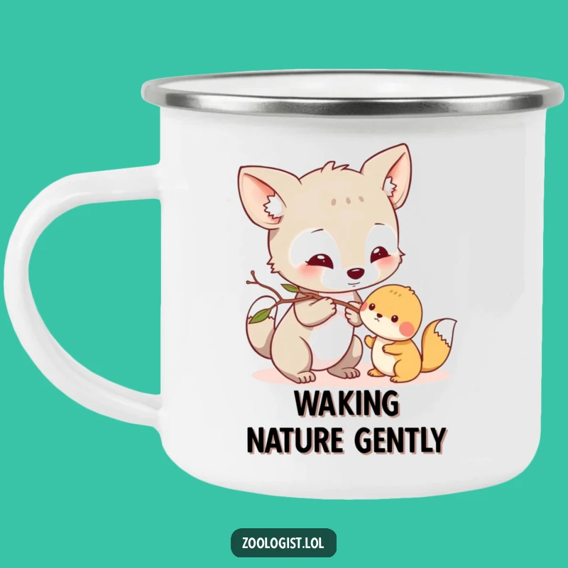 Funny Gentle Nudge Camping Mug: Curious Animal, Twig Interaction, Outdoor Kind Gift