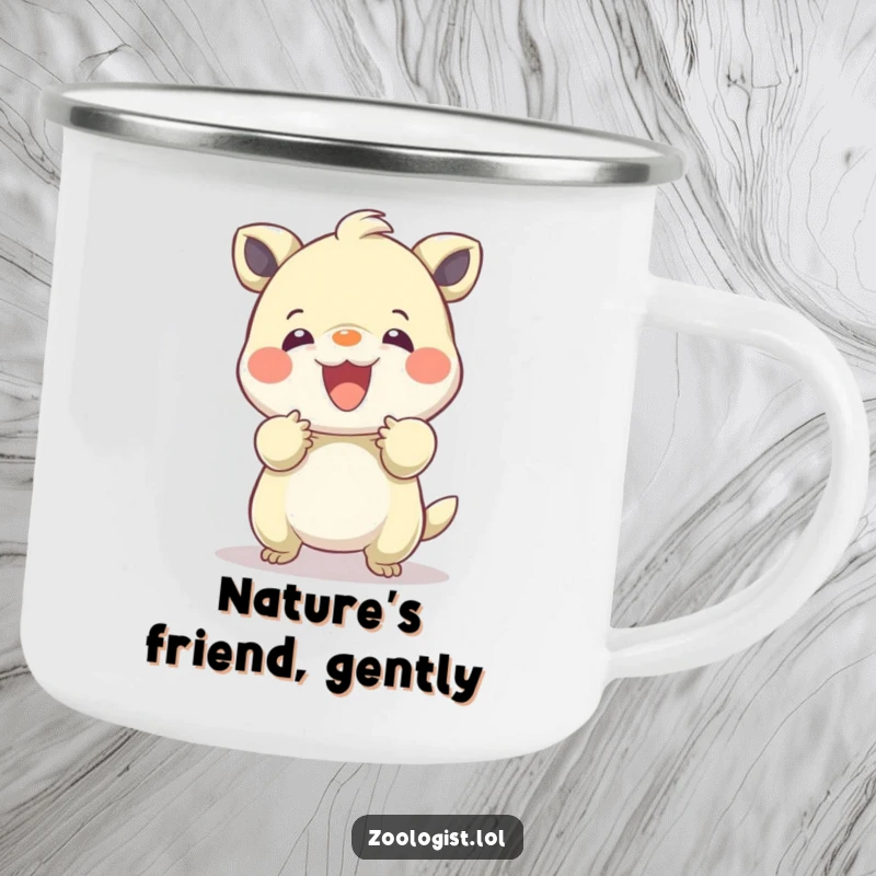 Funny camping mug showing a character gently taming a bouncy creature, perfect for outdoor quietude and warm drinks.