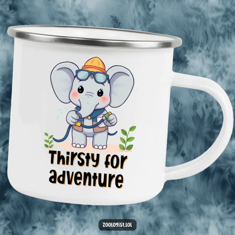 Funny Kawaii Elephant Zoologist Camping Mug: A cheerful elephant zoologist happily waters a plant, ideal for portable botanical refreshment.