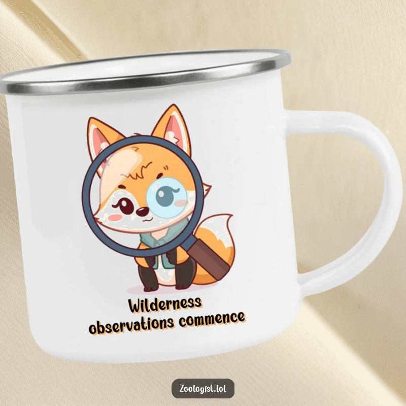 Funny Kawaii Fox Zoologist Camping Mug: A playful fox scientist peeks through a magnifying glass, perfect for funny outdoor adventures.