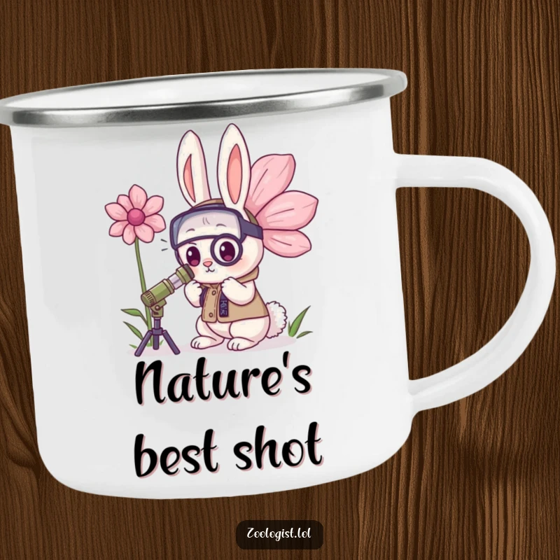 Funny Kawaii Rabbit Zoologist Camping Mug: A determined bunny zoologist studies a giant flower, ideal for portable botanical amusement.
