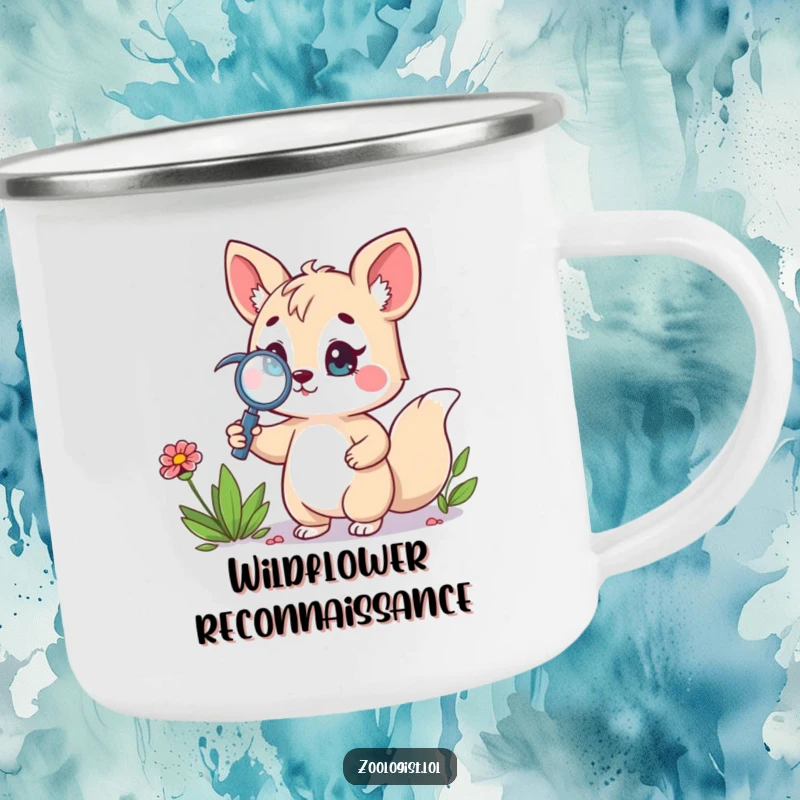 Funny camping mug showing a cute animal holding a magnifying glass, proudly inspecting a wildflower, designed for adventurers who love nature's details.