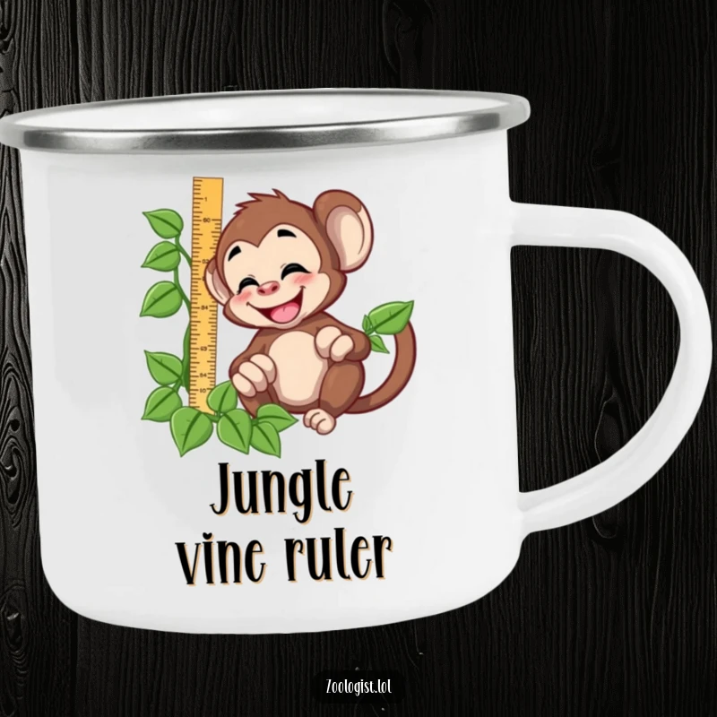 Funny giggling monkey character trying to measure a vine with a ruler, on a durable camping mug, ideal for outdoor use.