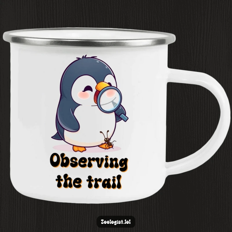 Funny camping mug featuring an excited penguin examining a tiny ant with a magnifying glass, ready for outdoor discovery.