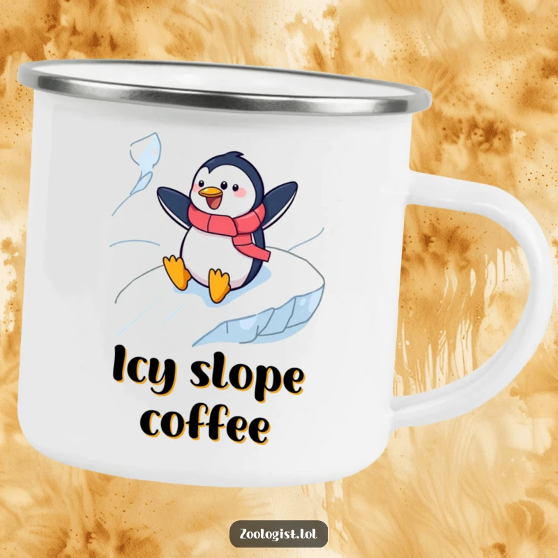 Funny cheerful penguin zoologist sliding down an icy slope on a durable camping mug, designed for adventurers and humor lovers.
