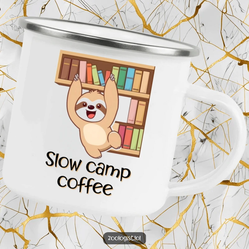 Funny delighted sloth character playfully dangling from a bookshelf, on a durable camping mug, ideal for outdoor use.