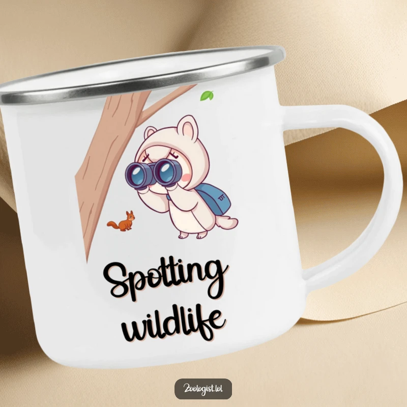 Funny squirrel spotting camping mug with a cute character using binoculars to excitedly watch a distant, playful squirrel.