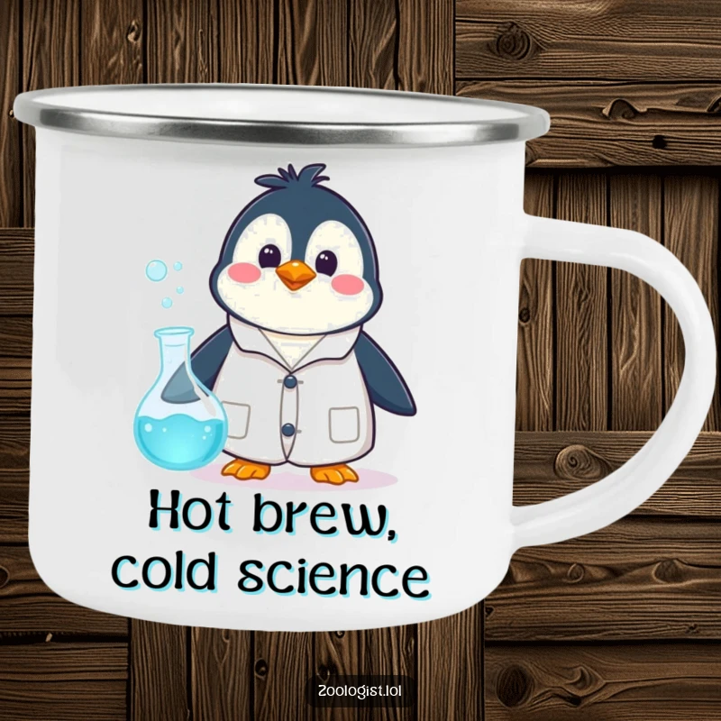 Funny happy penguin character in a lab coat, surprised by a bubbling beaker, on a durable camping mug, ideal for outdoor use.