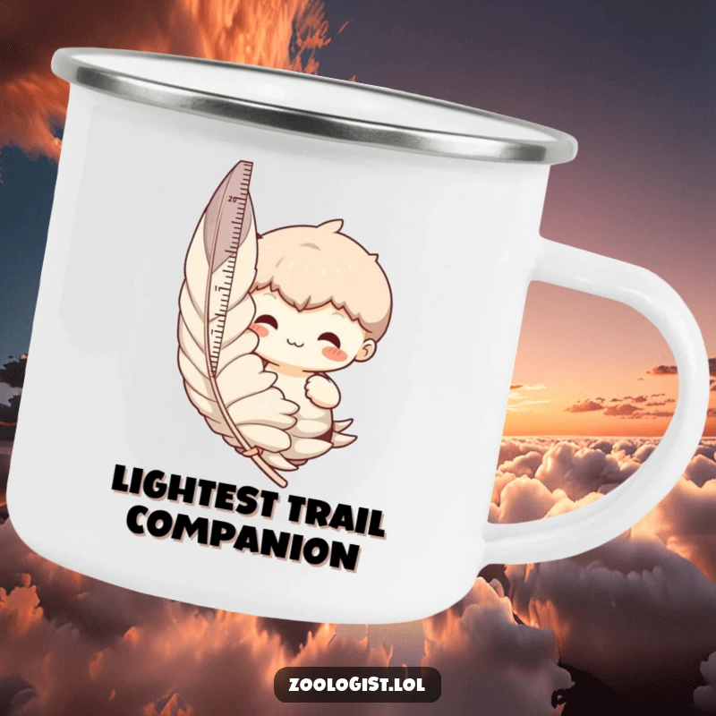 Funny camping mug showing a character humorously measuring a giant feather, ideal for outdoor enthusiasts who love to laugh.