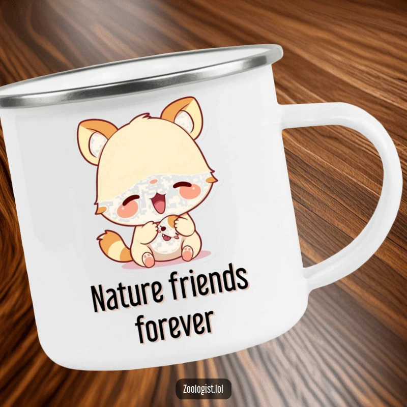 Funny camping mug with a cute animal character excitedly observing a tiny creature, ideal for outdoor enthusiasts who love to discover.