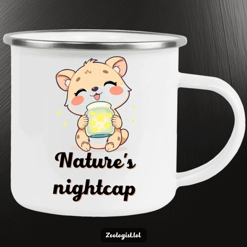 Funny durable camping mug showing a cute animal character giggling with a jar of captured, glowing fireflies, perfect for outdoor fun.