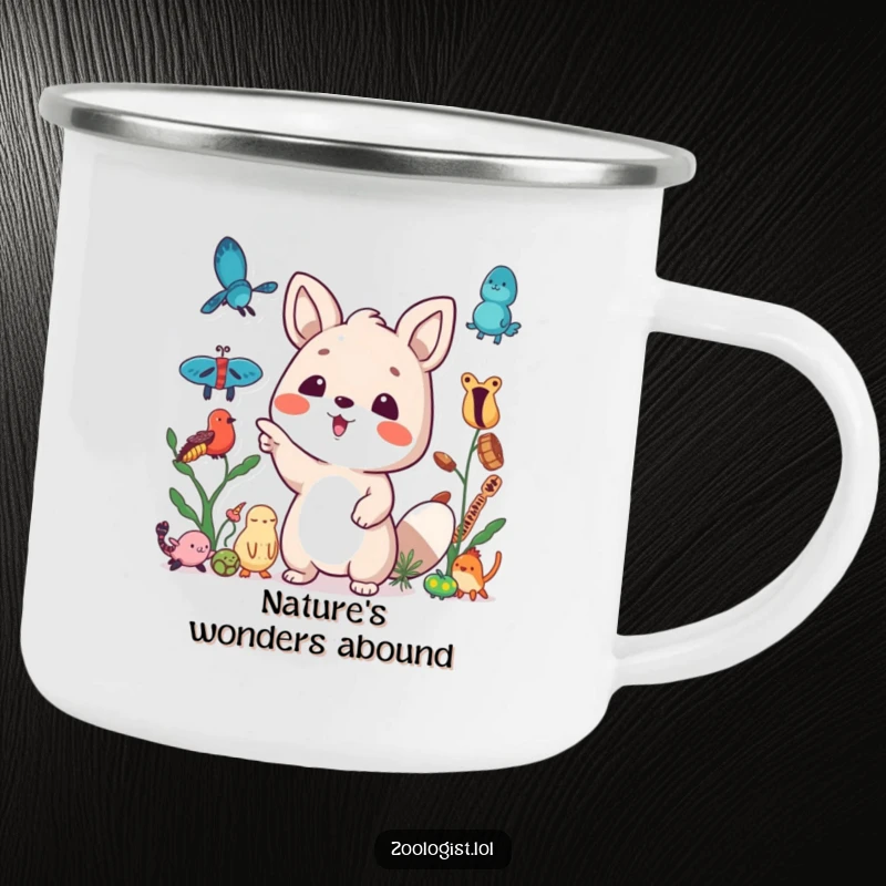 Funny camping mug with a cute animal character excitedly pointing at a collection of specimens, celebrating outdoor collecting.