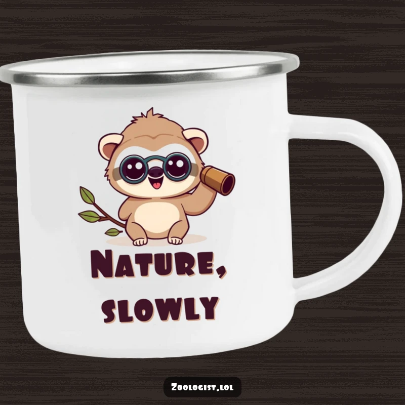 Funny happy Kawaii sloth zoologist character wearing binoculars, looking amazed on a sturdy camping mug, funny gift.