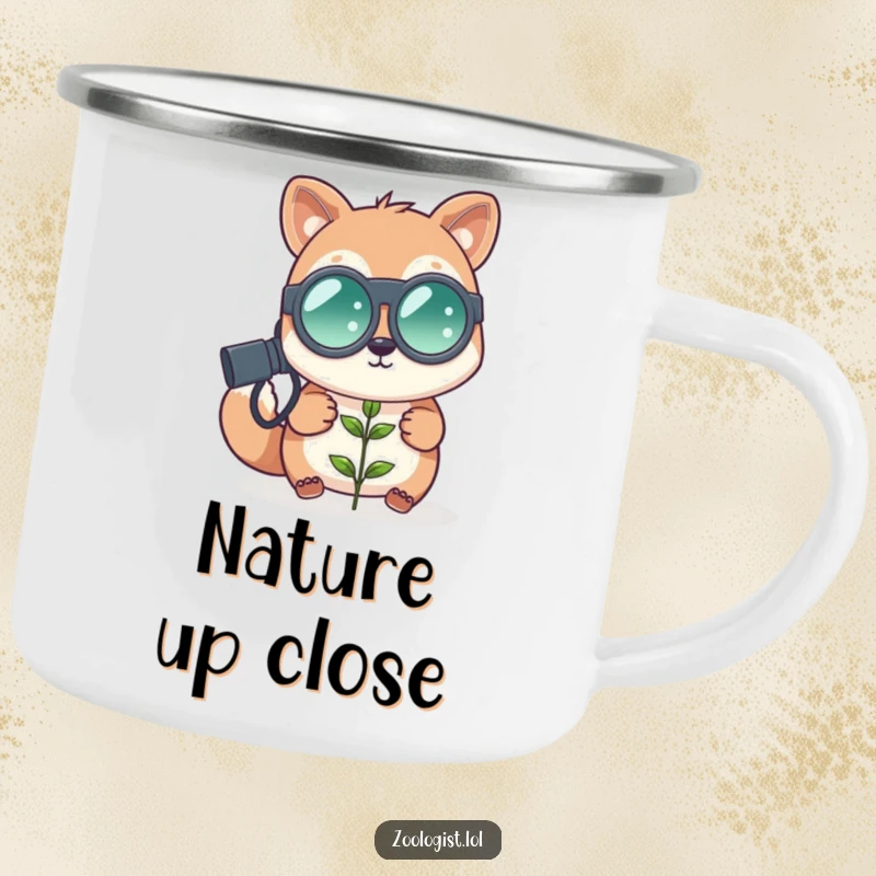 Funny cute animal zoologist with oversized binoculars looking at a tiny plant, enamel camping mug, outdoor humor, perfect funny gift.