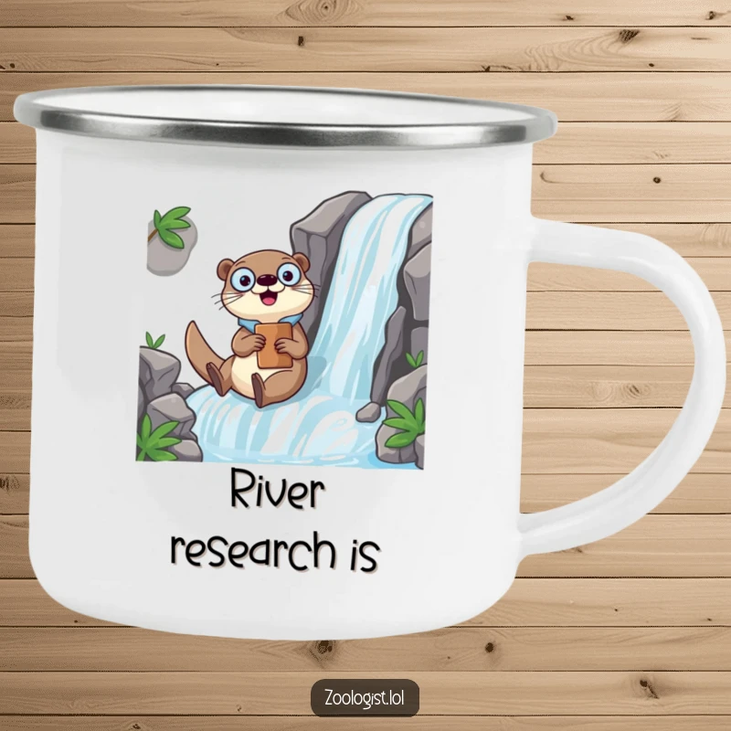 Funny Kawaii otter zoologist character sliding down a waterfall with a clipboard, humorous enamel camping mug for outdoor adventurers.