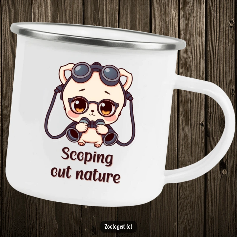 Funny character wearing binoculars around their neck, looking curious, printed on a durable camping mug for outdoor use.
