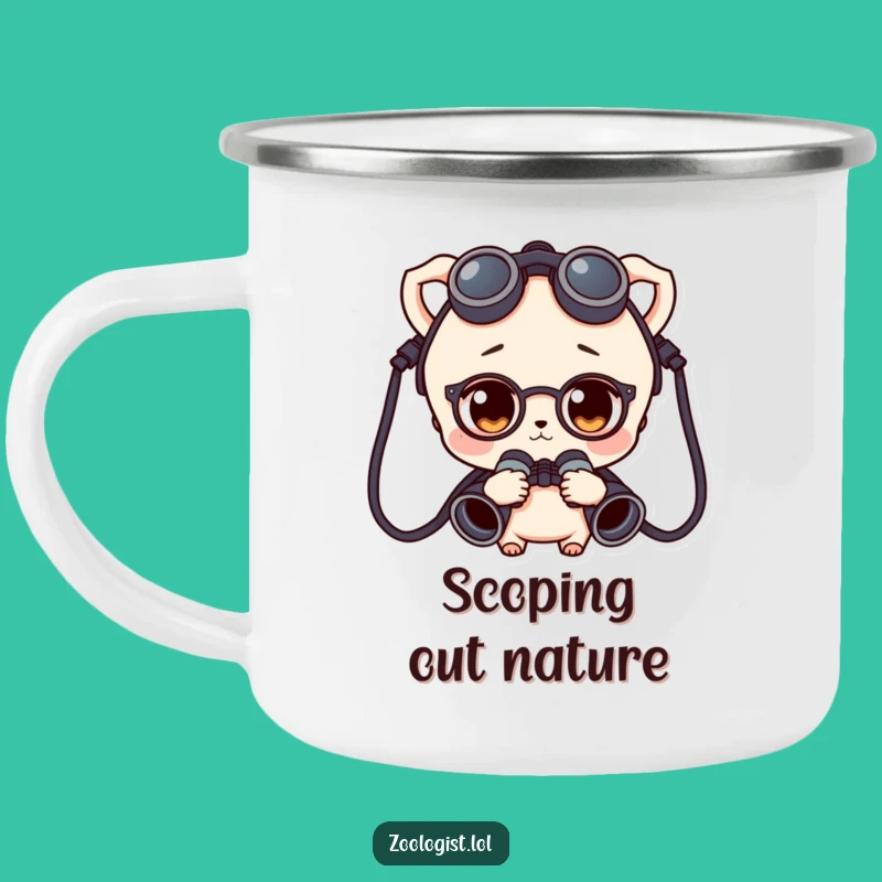 Funny Curious Character Binoculars Camping Mug - Adventure Ready Enthusiast Gift