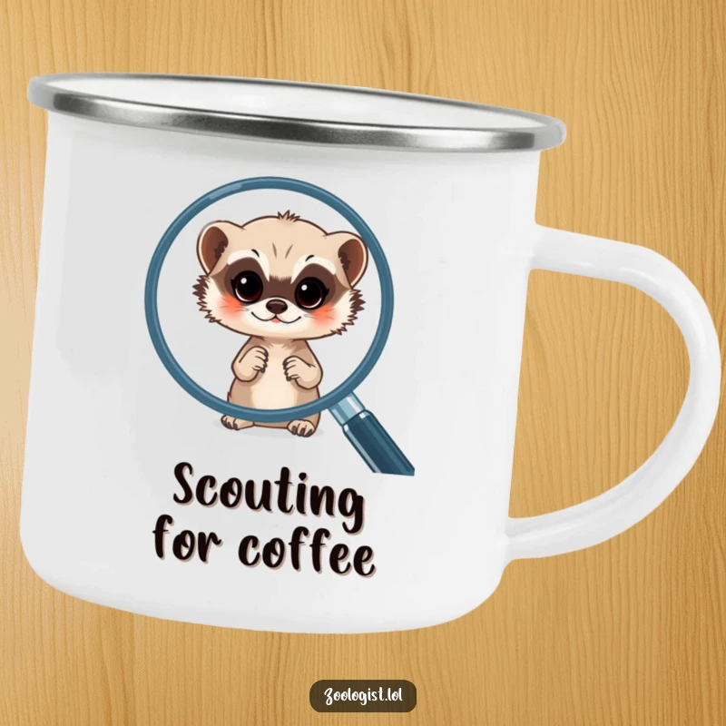 Funny meerkat camping mug showing a meerkat peering through a magnifying glass at nature, ready for outdoor exploration.