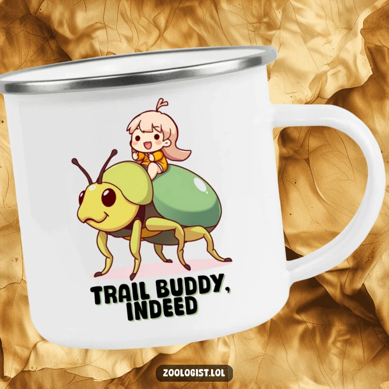 Funny Beetle Rider Camping Mug: Character joyfully rides a giant, friendly beetle, ideal for outdoor adventures and humorous coffee breaks.