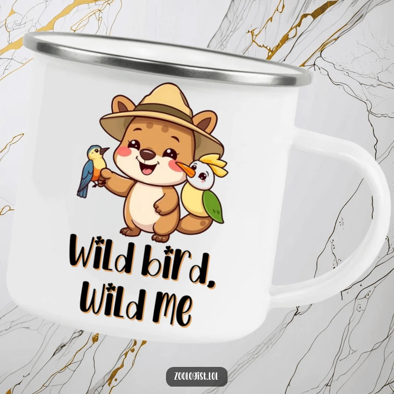 Funny camping mug with a joyful animal character in a safari hat pointing at a bird, perfect for outdoor humor and exploration.