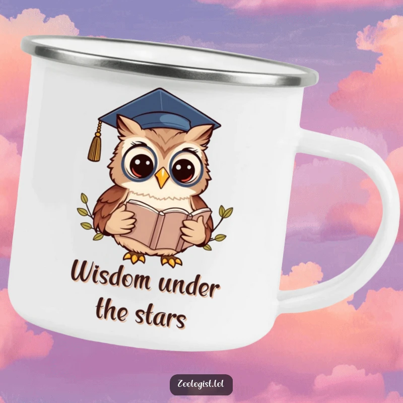 Funny Kawaii Owl Zoologist Camping Mug: A graduate owl reads a book, perfect for funny outdoor study sessions.