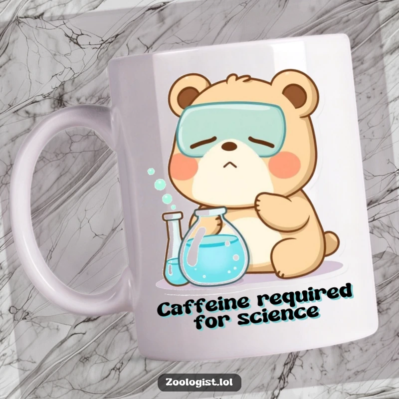 Funny Kawaii bear zoologist character yawning near a bubbling beaker, a humorous gift for sleepy scientists.