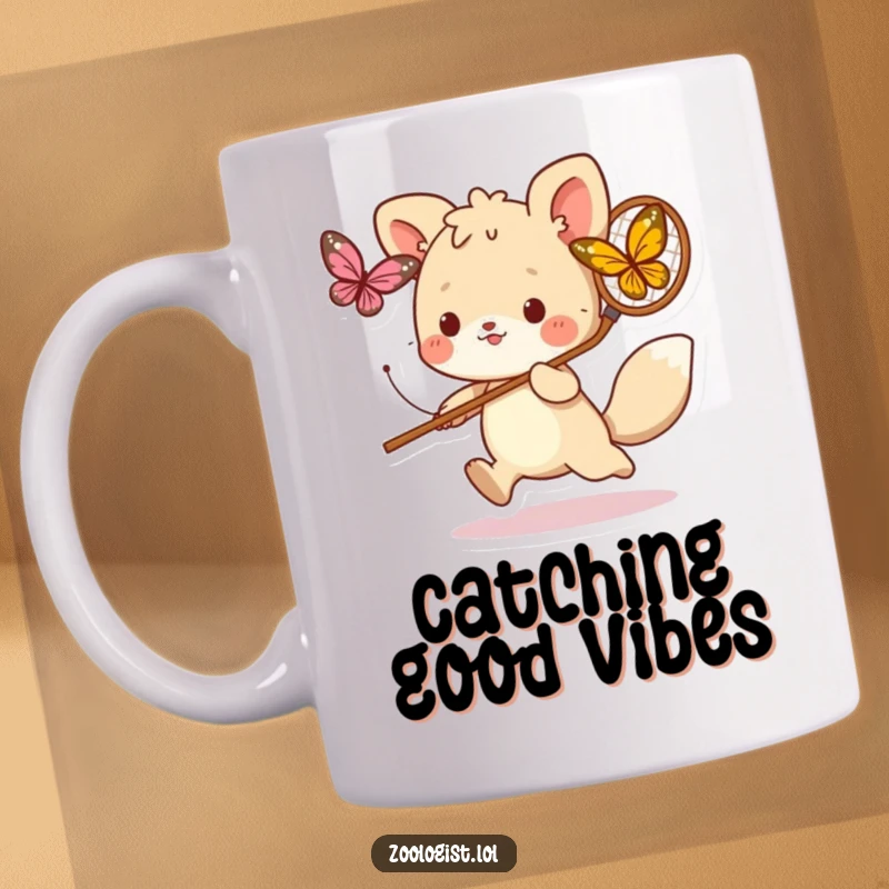 Funny mug with a cute animal character playfully running with a net, trying to catch a fluttering butterfly, embodying joyful pursuit.