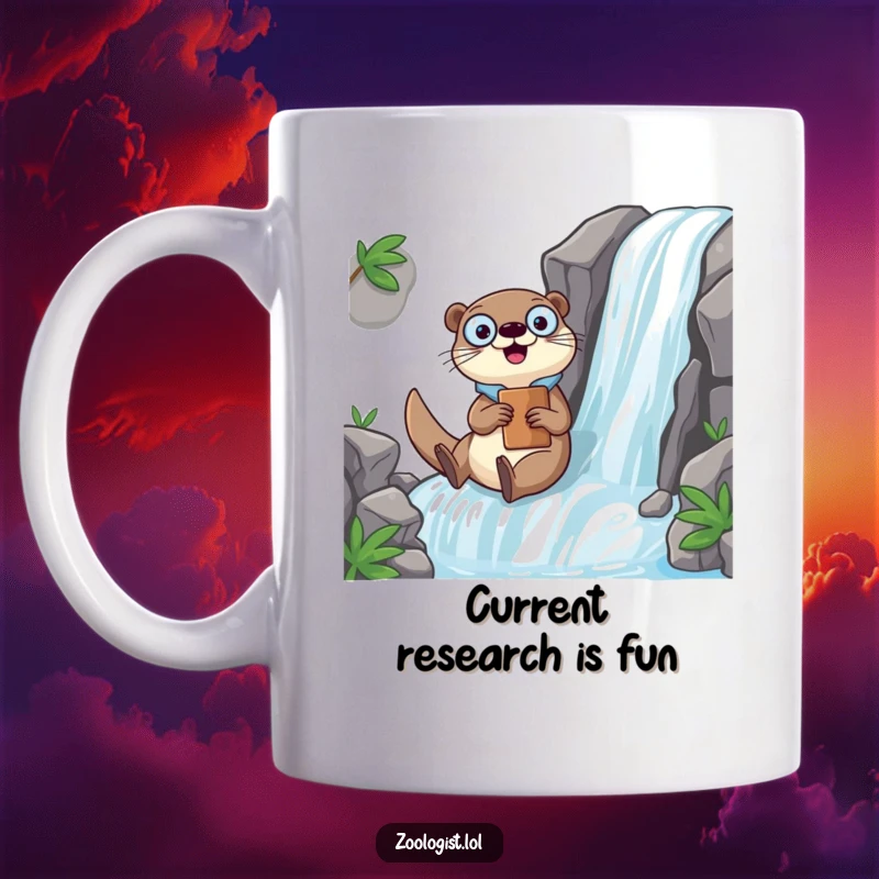 Funny Kawaii otter zoologist character joyfully sliding down a waterfall with a clipboard, a humorous gift for adventurers.