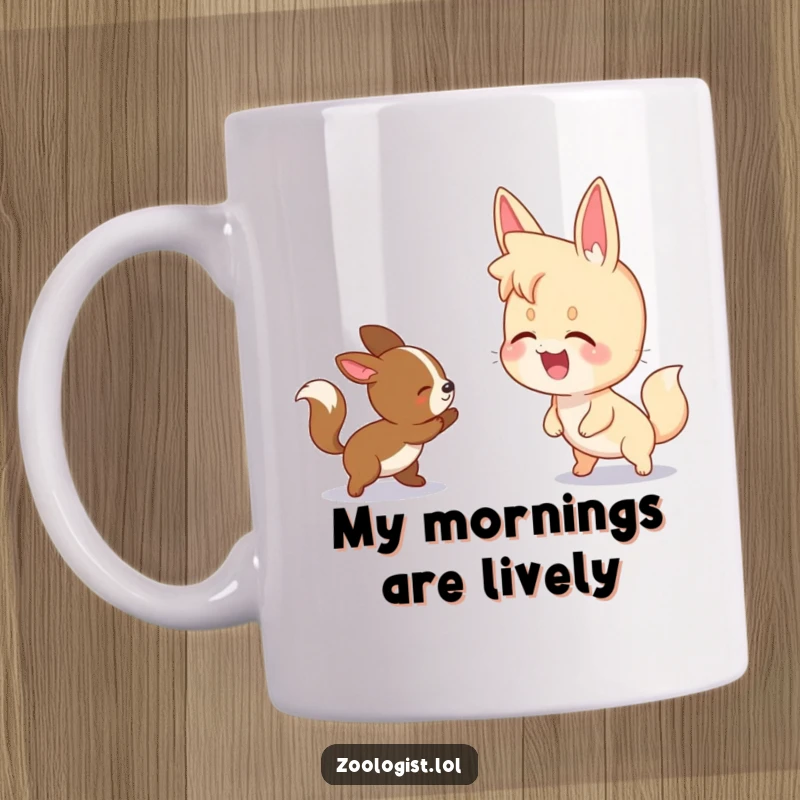 Funny mug showing a character giggling with delight while observing two animals playfully chasing each other.