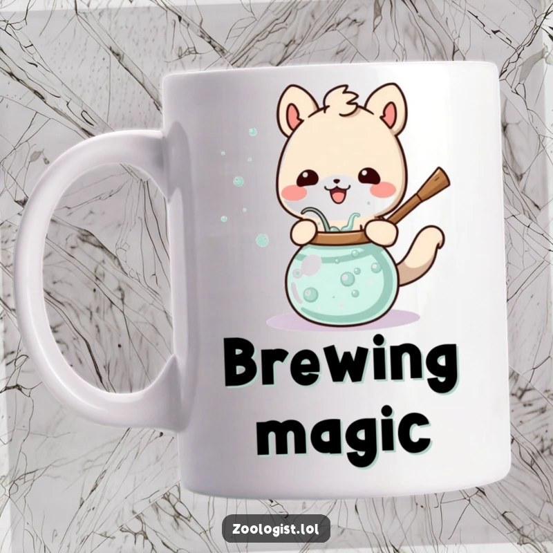 Funny Cute Animal Happily Stirring a Bubbling Potion Mug, Perfect for Fantasy Lovers and Alchemists.
