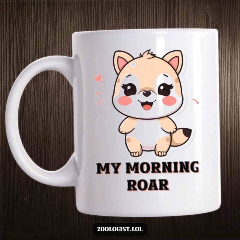 Funny character happily imitating an animal sound with a big smile, a humorous mug for animal enthusiasts.