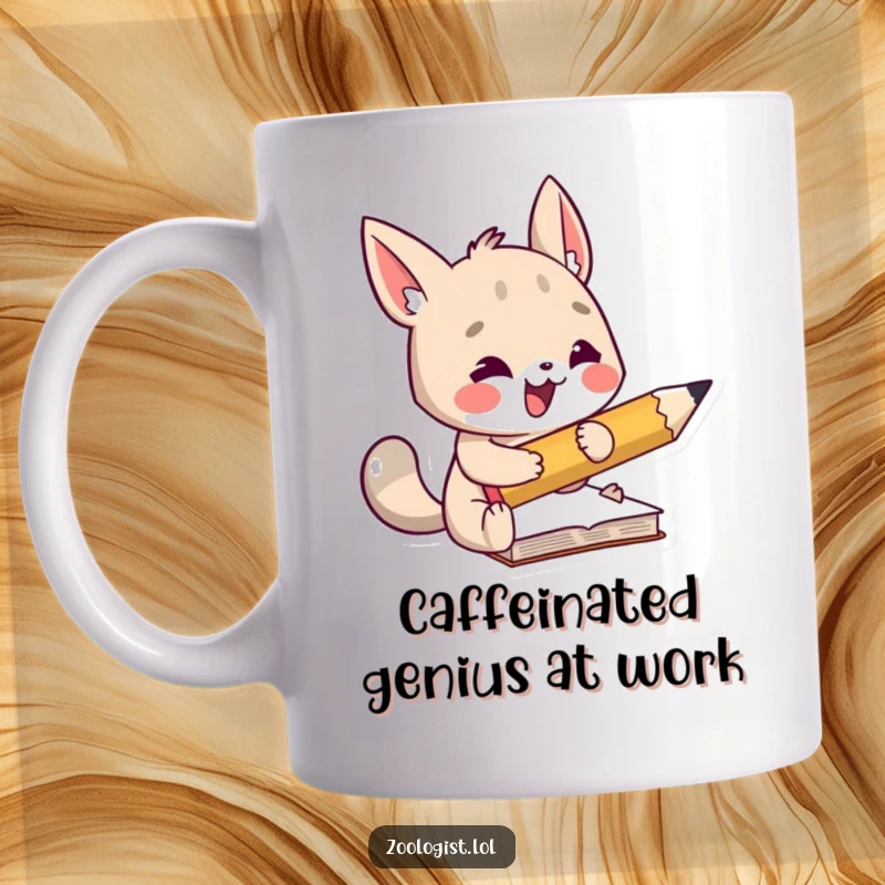 Funny mug with an excited animal character diligently taking notes using a comically large pencil, perfect for a humorous desk accessory.