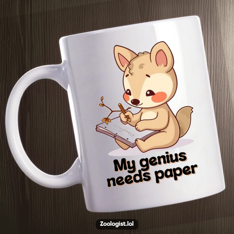 Funny mug featuring a curious animal character diligently sketching in a notepad using a twig as a tool, embodying artistic focus.