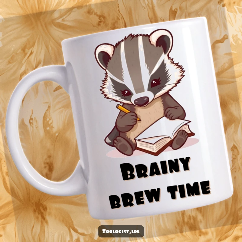 Funny curious badger zoologist scribbling notes rapidly in a tiny book, nature study design, perfect funny gift.