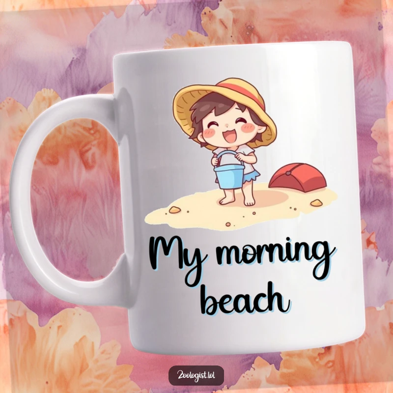 Funny beach character mug with a joyful creature holding a tiny bucket and spade, ready for sandcastle adventures.