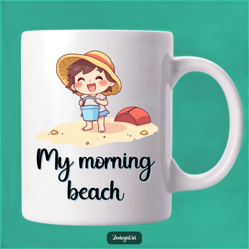 Funny Beach Character Mug: Joyful Bucket & Spade Fun, Perfect Gift for Vacation Lovers