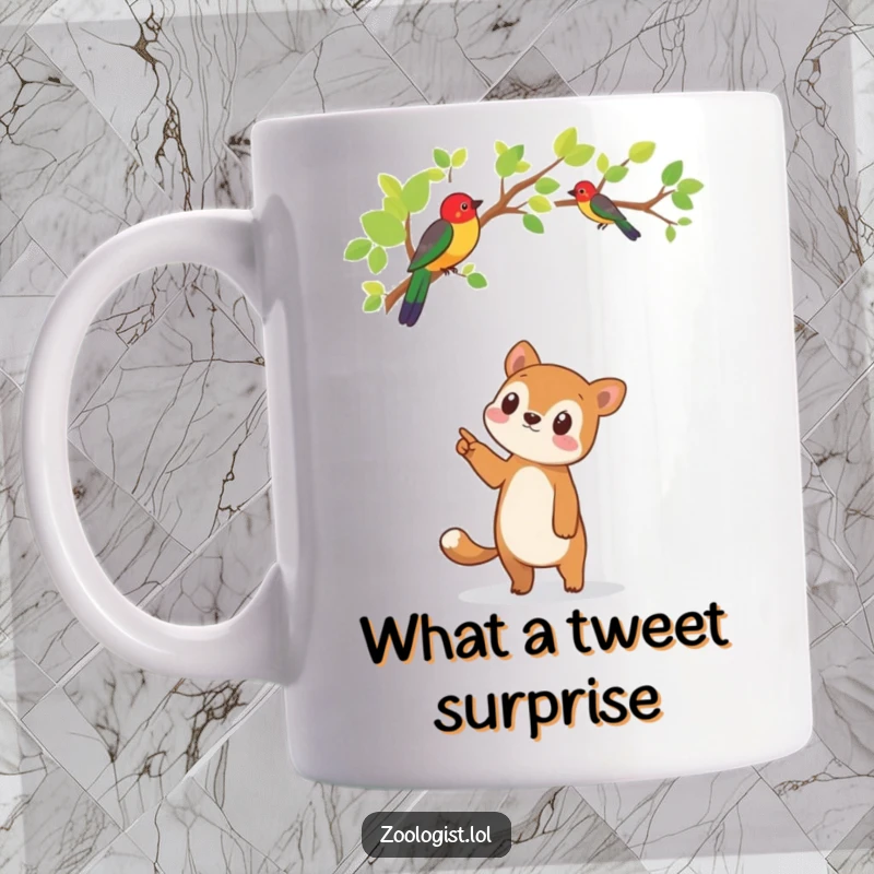 Funny animal mug pointing excitedly upwards at a vibrant, colorful bird perched on a tree branch, showcasing curiosity and joy.
