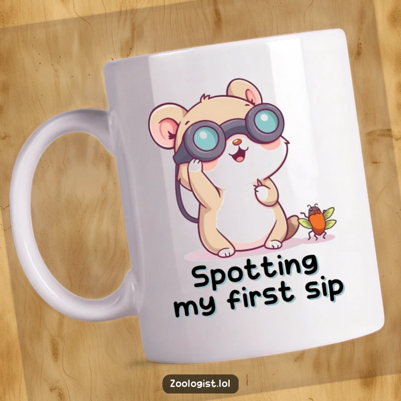 Funny mug showing a small animal character cheerfully using binoculars to observe a tiny bug, celebrating curiosity.