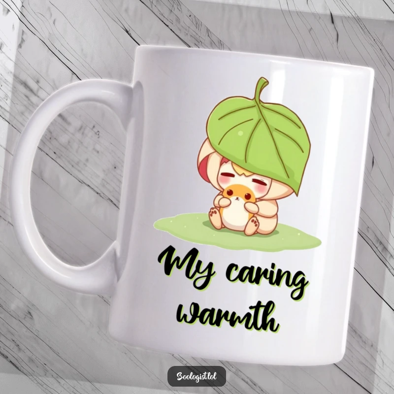 Funny character carefully sheltering a small animal under a leaf, showing gentle protection and compassion.